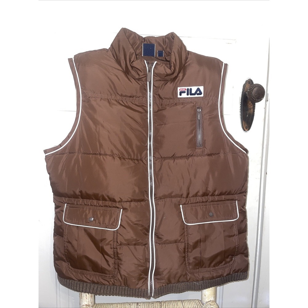 Vintage Fila Sport Puffer Vest Brown With White Trim XL